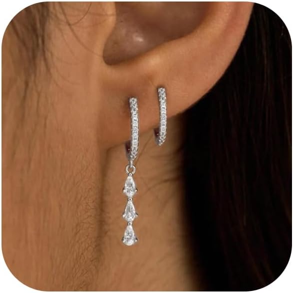 Dangle Hoop Earrings for Women 14K Gold Silver Plated Huggie Earring Sets for Multiple Piercing Dainty Hypoallergenic Cartilage Earring Stack Cubic Zirconia Pack Trendy Jewelry Gifts