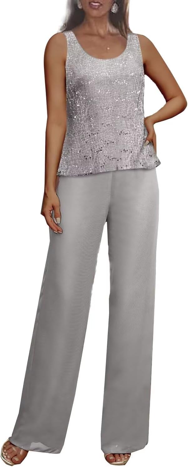 3 Pieces Chiffon Mother of The Bride Pant Suits for Wedding Sequin Grandmother of The Bride Pant Suits with Jacket