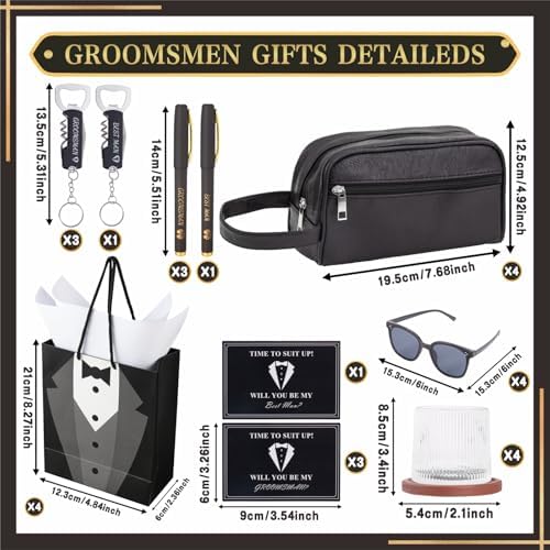 4 Sets Groomsmen Proposal Gifts, Proposal Bags with Spinning Whiskey Glasses PU Leather Toiletry Bag Best Man Bottle Opener Sunglasses Pen Card for Wedding Groomsman Best Man Gift