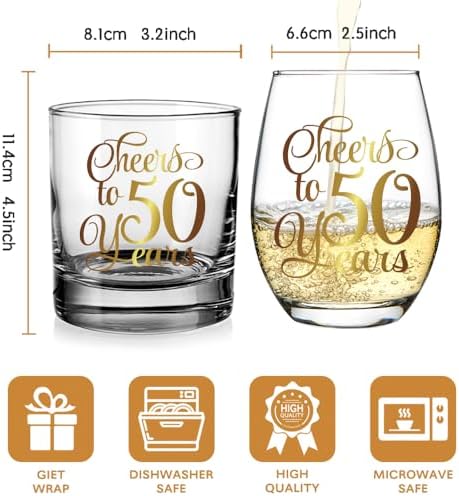 Cheers to 50 Years Wine & Whiskey Glass Gift Set, Gold Foil Design 50th Birthday Anniversary Wedding Valentines Day Stemless Wine Glass Gifts for Grandparents Couple Men Women Wife Husband Parents128