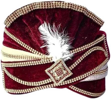 Indian Wedding Item For Groom Pagdi for groom wedding Groom Pagdi Turban, White and Maroon with Gold Beading,(Pack of 1)