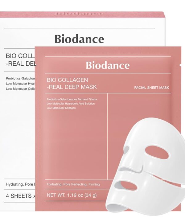 BIODANCE Bio-Collagen Real Deep Mask, Hydrating Overnight Hydrogel Mask, Pore Minimizing, Elasticity, Plumping Improvement, Korean Skin Care, Valentines Day Gifts for Her | 1.19oz(34g) x 4ea