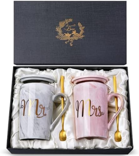 Biching Wedding Gifts for Couples 2026, Couple Gift for Anniversary – 14oz Ceramic Marble Mr and Mrs Mugs Set, Present for Bridal Shower Engagement Bride and Groom, with Greeting Card, Luxury Gift Box