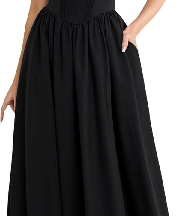 KUTUMAI Women Summer Lace Square Neck Midi Dress Corset Smocked Flowy A Line Beach Wedding Guest Dresses with Pockets