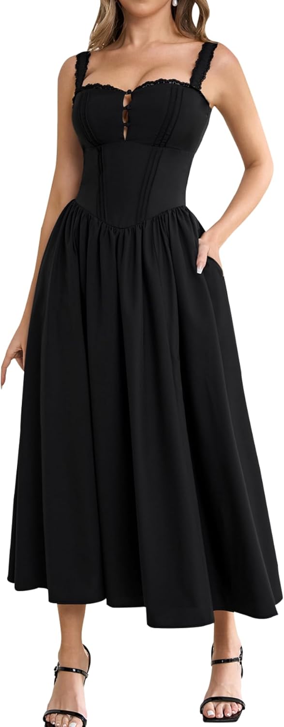 KUTUMAI Women Summer Lace Square Neck Midi Dress Corset Smocked Flowy A Line Beach Wedding Guest Dresses with Pockets