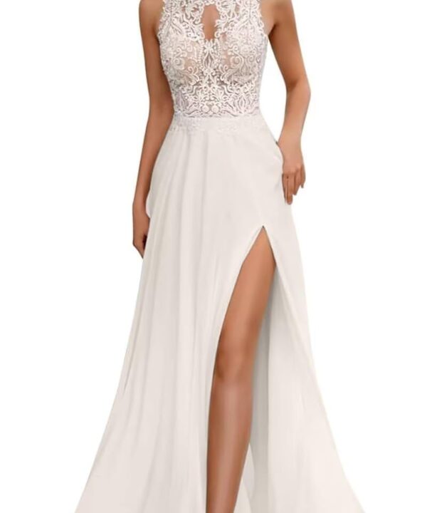 yinyyinhs Lace Appliques Wedding Dresses for Bride Long V Neck Tulle Chiffon A-Line Sleeveless Bridal Ball Gown with Slit