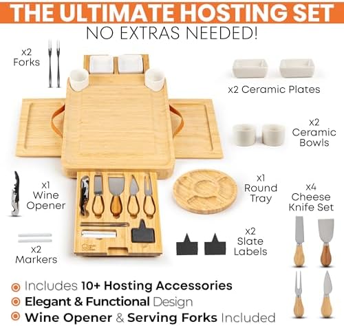 Bamboo Charcuterie Board Set – Large Cheese Platter with Knives & Bowls – Valentines Day Gift for Her, Mom or Girlfriend – Great Wedding, Housewarming & Birthday Gift Idea