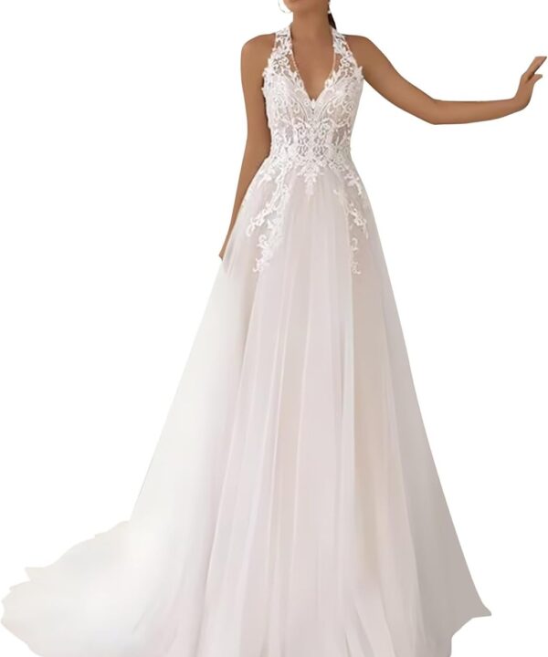 Lace Appliques Wedding Dresses for Bride 2025 Tulle Long Chiffon A-Line Beach Bridal Gowns with Train