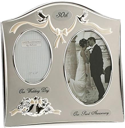 Traditional Two Tone Silver Plated 30th Pearl Anniversary Double Picture Photo Frame