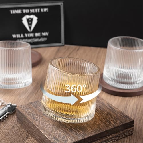 4 Sets Groomsmen Proposal Gifts, Proposal Bags with Spinning Whiskey Glasses PU Leather Toiletry Bag Best Man Bottle Opener Sunglasses Pen Card for Wedding Groomsman Best Man Gift