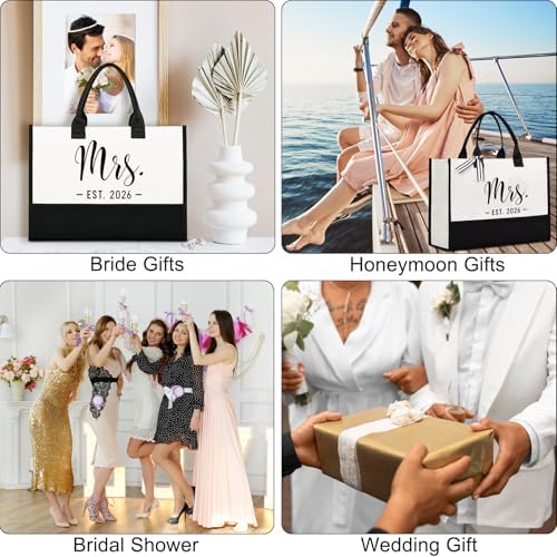 Lamyba Bride Tote Bag,Bridal Shower/Bachelorette Party/Wedding Day Gifts for Bride To Be,Mrs Bag EST 2026,Interior Pocket,Black and White