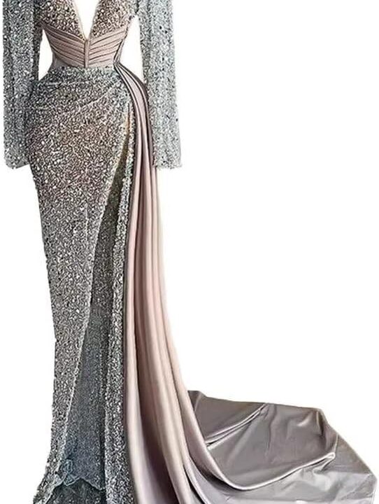 Long Sleeves Sparkly Sequins Prom Dress Women's Deep V Neck Mermaid Long Ball Celebrity Gala Pageant Evening Party Gown