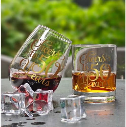 Cheers to 50 Years Wine & Whiskey Glass Gift Set, Gold Foil Design 50th Birthday Anniversary Wedding Valentines Day Stemless Wine Glass Gifts for Grandparents Couple Men Women Wife Husband Parents128