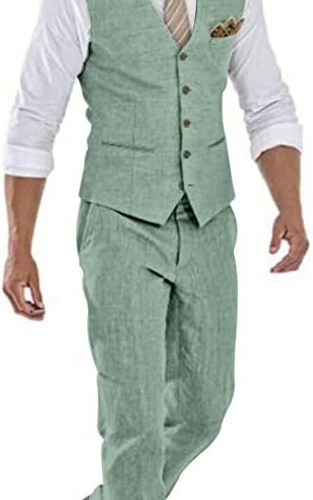 Bofan Casual Linen Beige Men's 2 Piece Suits Wedding Suits Slim Fit Groomsmen Tuxedos Prom Waistcoat Summer Linen Vest+Pant