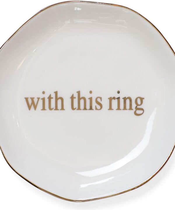 Engagement Wedding Ring Dish-With This Ring Jewelry Dish Tray-Gifts for Bride, Bride to be, Newlyweds, Ceramic White