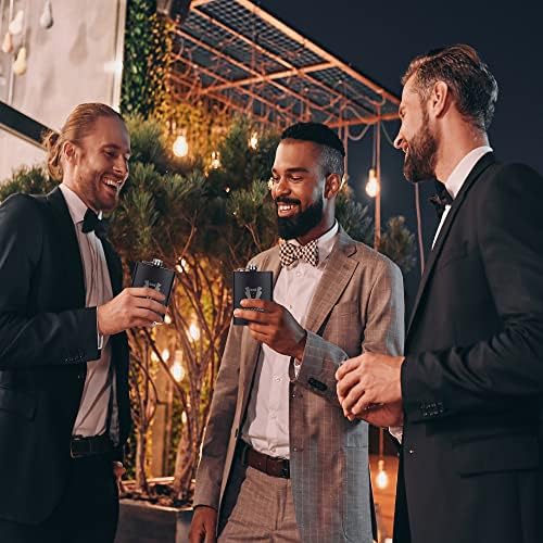 6 Pieces Groomsmen Gifts Set : 1 Pcs 8oz Stainless Steel Tuxedo Flask 1 Pcs Poker Bottle Cap Opener 1 Pcs Groomsmen Gauge Glasses 1 Pcs Sunglasses 1 Pcs Card 1 Pcs Groomsmen Gift Bags for Wedding