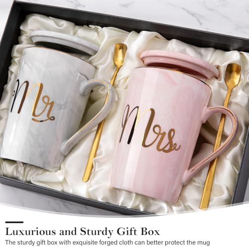 Biching Wedding Gifts for Couples 2026, Couple Gift for Anniversary – 14oz Ceramic Marble Mr and Mrs Mugs Set, Present for Bridal Shower Engagement Bride and Groom, with Greeting Card, Luxury Gift Box