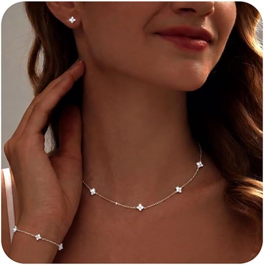 ORAZIO Dainty Silver Gold Jewelry Set for Women Trendy 14K Gold Plated CZ Flowers Pendant Choker Necklaces for Women Stud Earrings Clover Link Bracelets Stack Jewelry Gifts for Wedding Prom Brides