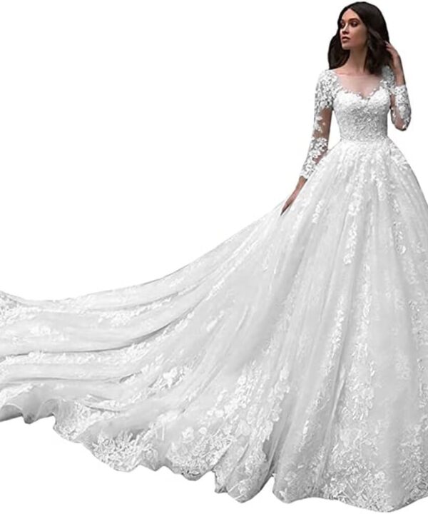 Jorshiman Long Sleeve Wedding Dresses for Bride Princess A Line Wedding Ball Gown Tulle Lace Beach Bridal Gowns with Train