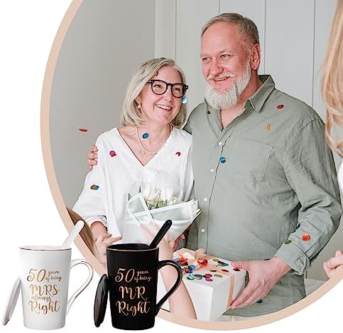 YHRJWN – 50th Wedding Gifts, 50 Years of Being Mr & Mrs Always Right Mug Set, Wedding Gifts Ideas for Parents Couple, 14 Oz with Lids and Gift Box