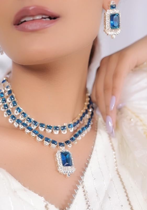 American/AD Two-Layered | Sparkling Square-Shaped Rhinestone Crystal Design Necklace | Dangle Earrings and Maang Tikka for Wedding Jewellery Set for Women