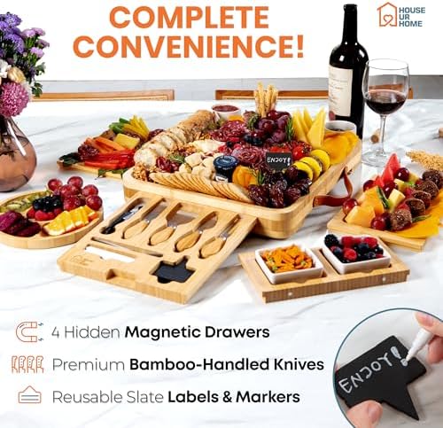 Bamboo Charcuterie Board Set – Large Cheese Platter with Knives & Bowls – Valentines Day Gift for Her, Mom or Girlfriend – Great Wedding, Housewarming & Birthday Gift Idea