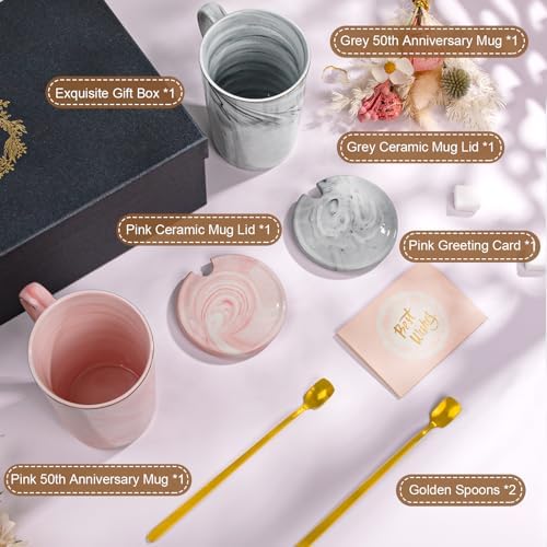 Biching 50th Wedding Anniversary for Couples, Golden 50th Anniversary Mugs Gifts for Parents Grandparents, 14Oz 50th Wedding Couple Mugs with Spoons, Lids, Greeting Card, Gift Box