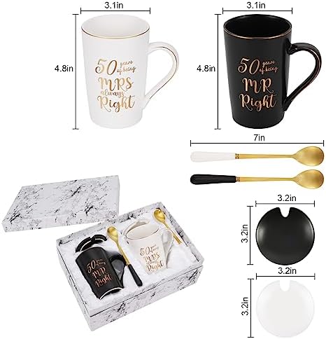 YHRJWN – 50th Wedding Gifts, 50 Years of Being Mr & Mrs Always Right Mug Set, Wedding Gifts Ideas for Parents Couple, 14 Oz with Lids and Gift Box