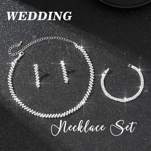 Aukmla Bridal Jewelry Set Silver Sparkly Choker Wedding Necklace Bracelet Earring Sets Prom Necklaces for Women and Brides