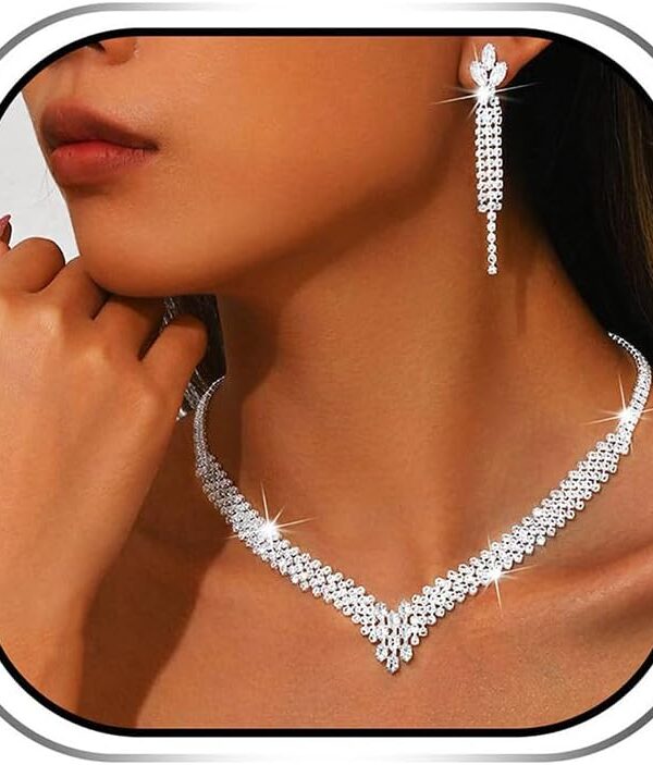 Sixexey Silver Rhinestone Wedding Jewelry Set Silver Prom Necklace Earrings Bridal Jewelry Accessories for Women