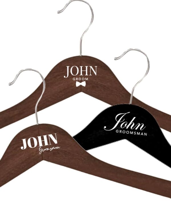 Andaz Press Custom Groomsmen Hanger for Wedding Suit, Personalized Wooden Suit Hangers for Groomsmen Gifts, Custom Name Premium Brown Dark Wood or Black Wood Clothes Hanger for Wedding Day, 1-Pack