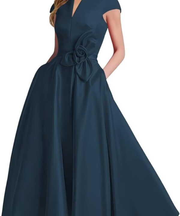 Tea Length Satin Mother of The Bride Dresses for Women A Line V Neck Cap Sleeve Formal Evening Party Gowns
