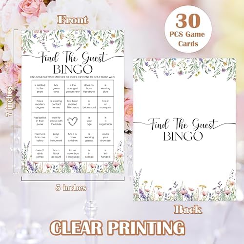 Wildflower Bridal Shower Games, Boho Flowers Find The Guest Bingo Game for 30 Guests with Game Cards, Bridal Shower Decor, Wedding Decorations Supplies (27)