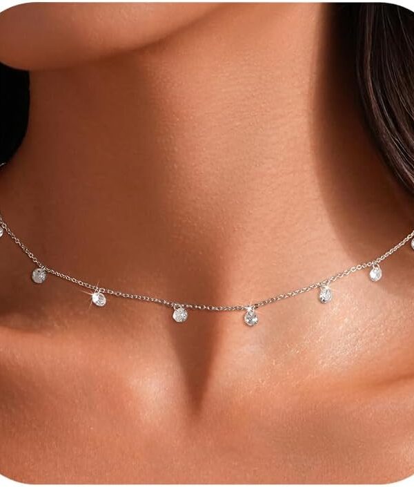 925 Sterling Silver Cubic Zirconia Station Necklaces for Women Dainty 14k Gold Plated Simulated Diamond Pendant Necklace Round Crystal Chain to Daughter Wedding Prom Brides Jewelry Gifts