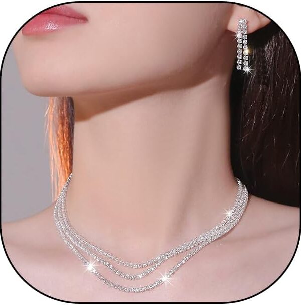 FUTIMELY Wedding Prom Jewelry Sets for Women,Sparkly Crystal Drop Dangle Earrings Glitter Layering Rhinestone Choker Necklace Trendy Jewelry Gifts