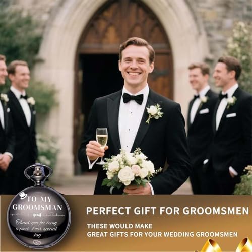 Groomsman Gifts for Wedding Engraved Pocket Watch Best Man Ring Bearer Groom Bride Father Roman Numerals Quartz Pocket Watches Wedding with Chain (1PCS 3PCS 4PCS 5PCS 6PCS)