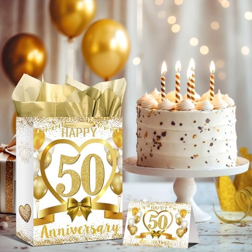 White Gold Happy 50th Anniversary Paper Gift Bag with Tissue Papers and Card, Gold Party Gift Wrapping Bag Treat Bag for Golden Wedding Anniversary Decorations