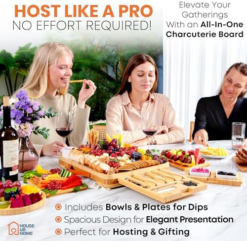 Bamboo Charcuterie Board Set – Large Cheese Platter with Knives & Bowls – Valentines Day Gift for Her, Mom or Girlfriend – Great Wedding, Housewarming & Birthday Gift Idea