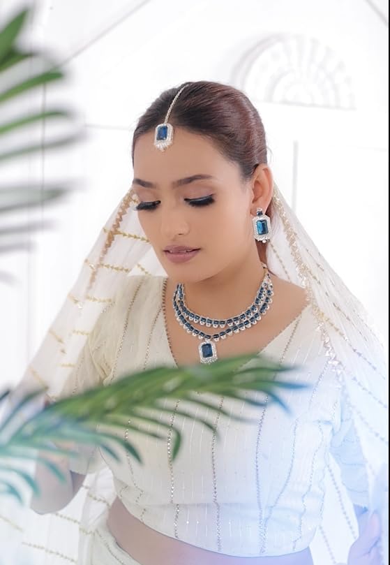 American/AD Two-Layered | Sparkling Square-Shaped Rhinestone Crystal Design Necklace | Dangle Earrings and Maang Tikka for Wedding Jewellery Set for Women