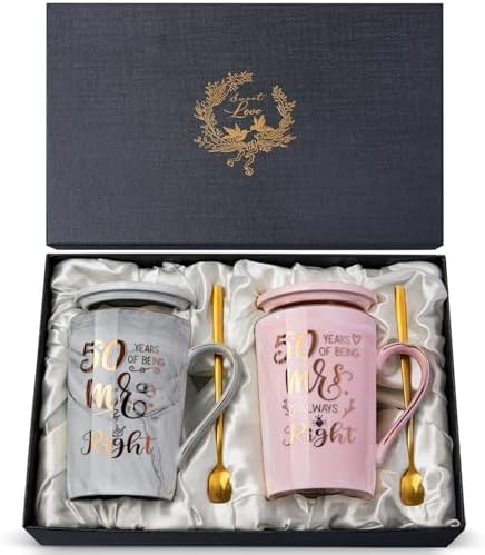 Biching 50th Wedding Anniversary for Couples, Golden 50th Anniversary Mugs Gifts for Parents Grandparents, 14Oz 50th Wedding Couple Mugs with Spoons, Lids, Greeting Card, Gift Box