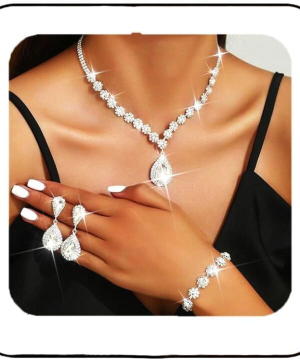 Unicra Silver Wedding Jewelry Set Rhinestone Necklace Earrings Bracelet Sets Prom Formal Costume Jewelry for Women and Brides