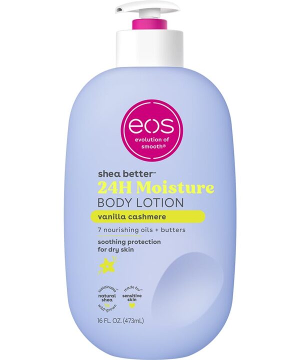 eos Shea Better Body Lotion Vanilla Cashmere, 24-Hour Moisture Skin Care, Lightweight & Non-Greasy, Natural Shea, Vegan, Vanilla Body Lotion, 16 fl oz