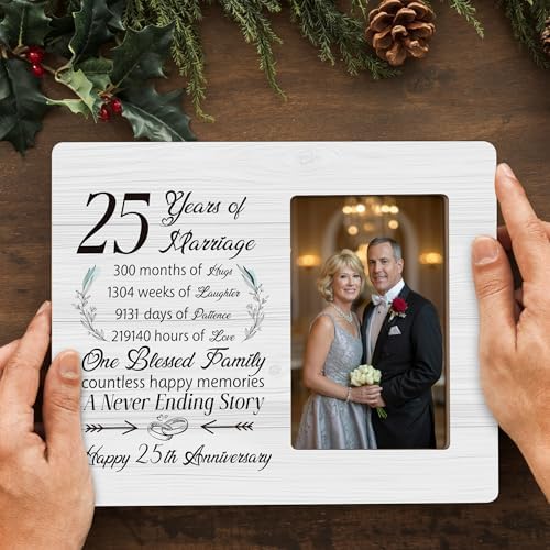 25th Anniversary Picture Frame Gifts for Couple, Silver Wedding Anniversary for Parents Gift, Fits 4×6 Photo