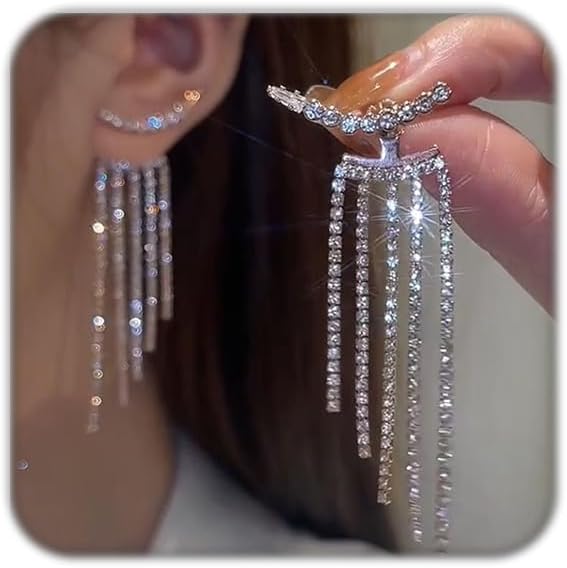 Silver Rhinestone Tassel Earrings for Women Long Tennis Prom Earrings Crystal Chain Dangle Earrings Wedding Party Jewelry (A)
