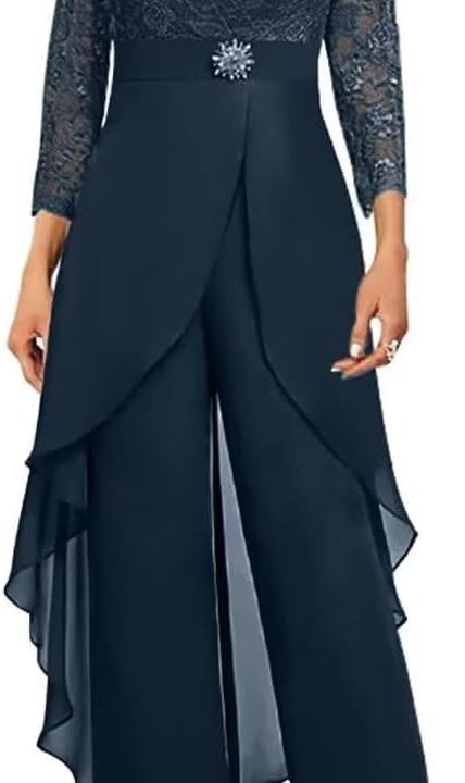 2 Pieces Mother of The Bride Pant Suits for Women Dressy V Neck Lace Grandmother of The Bride Pantsuits for Wedding DP018