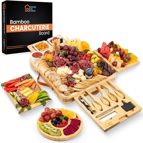 Bamboo Charcuterie Board Set – Large Cheese Platter with Knives & Bowls – Valentines Day Gift for Her, Mom or Girlfriend – Great Wedding, Housewarming & Birthday Gift Idea