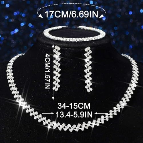 Aukmla Bridal Jewelry Set Silver Sparkly Choker Wedding Necklace Bracelet Earring Sets Prom Necklaces for Women and Brides