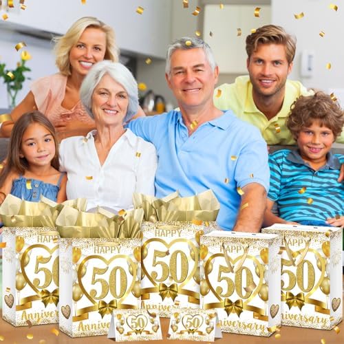 White Gold Happy 50th Anniversary Paper Gift Bag with Tissue Papers and Card, Gold Party Gift Wrapping Bag Treat Bag for Golden Wedding Anniversary Decorations
