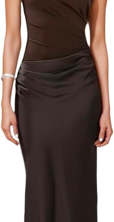 RARITYUS Womens Elegant One Shoulder Maxi Dress Satin Ruched Bodycon Wedding Guest Dress Flowy Cocktail Evening Dresses