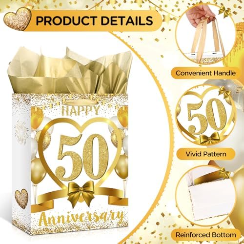 White Gold Happy 50th Anniversary Paper Gift Bag with Tissue Papers and Card, Gold Party Gift Wrapping Bag Treat Bag for Golden Wedding Anniversary Decorations